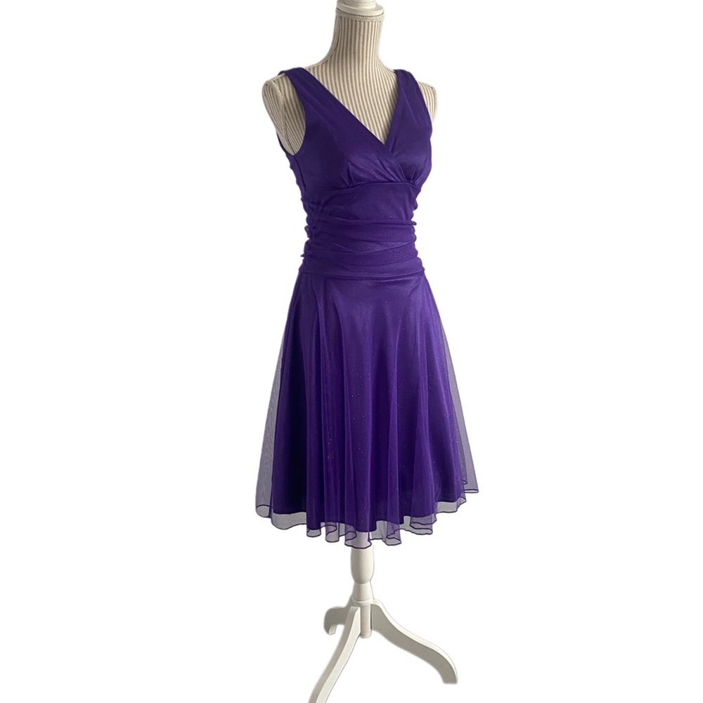 Purple Ruched V-Neck Midi Dress for Wedding Guest